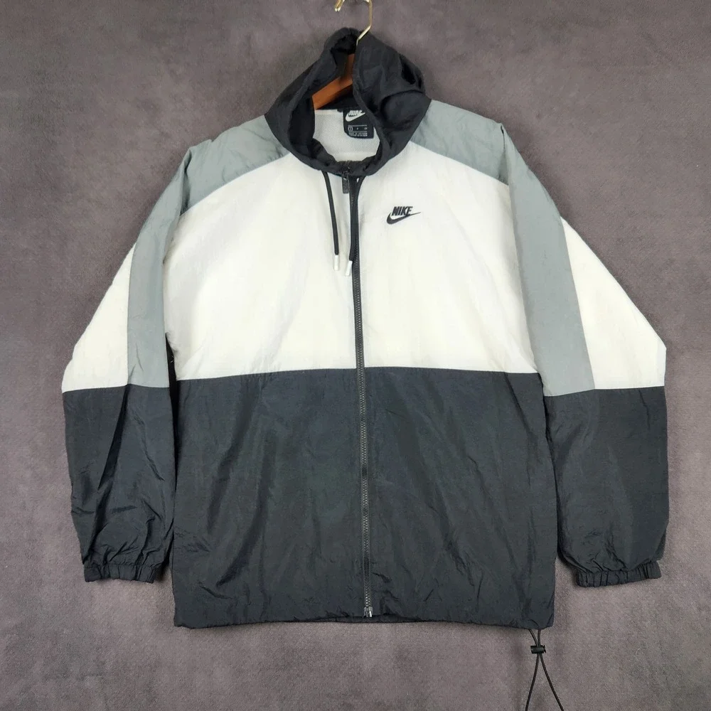 Nike Windbreaker Jacket Mens Small Black White Gray Colorblock Full Zip Hood